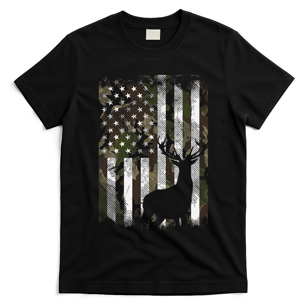 Camo Us Flag Deer Elk Buck Camoflage Hunting Hunter Dad T-Shirt