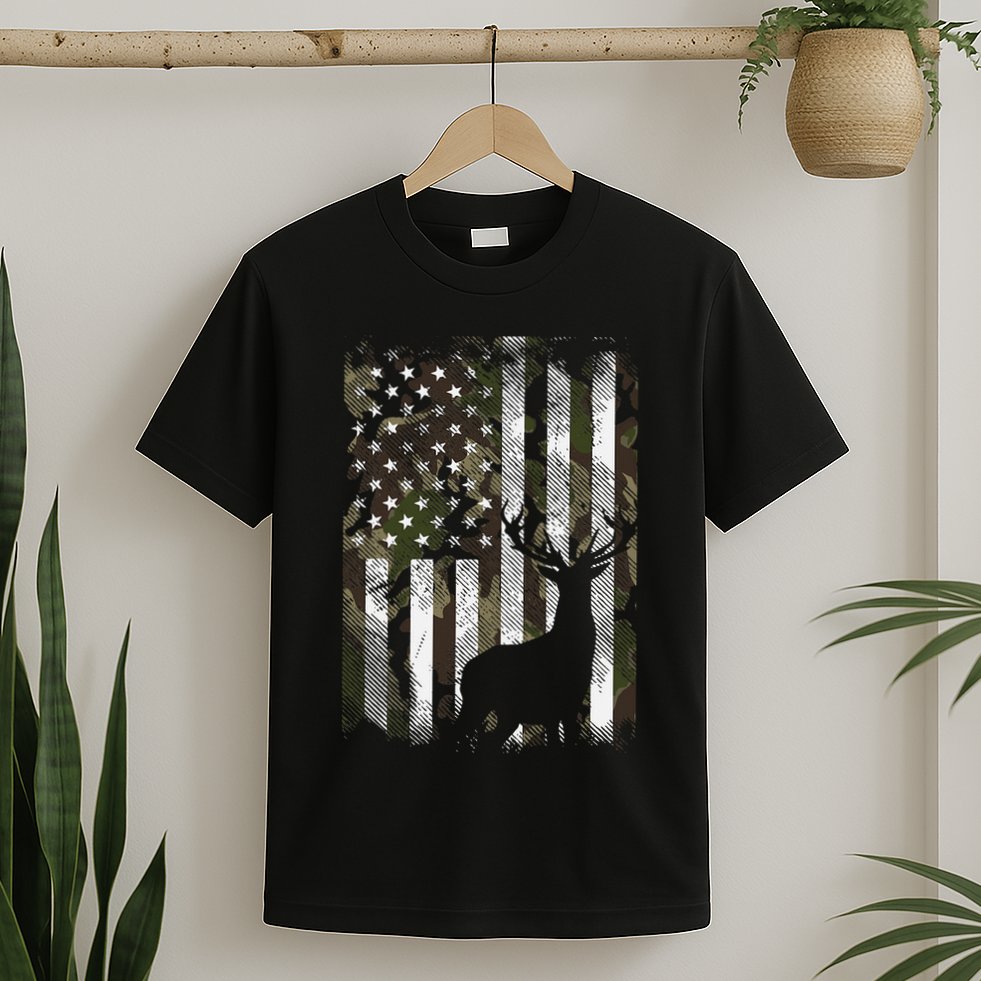 Camo Us Flag Deer Elk Buck Camoflage Hunting Hunter Dad T-Shirt