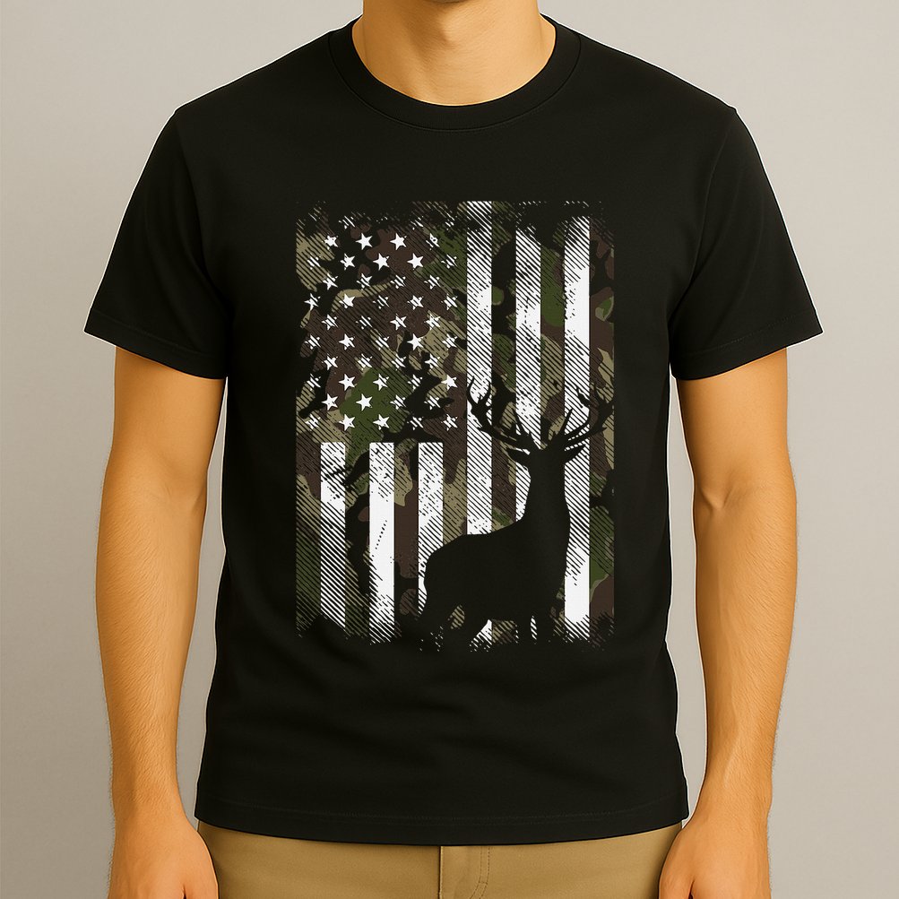Camo Us Flag Deer Elk Buck Camoflage Hunting Hunter Dad T-Shirt