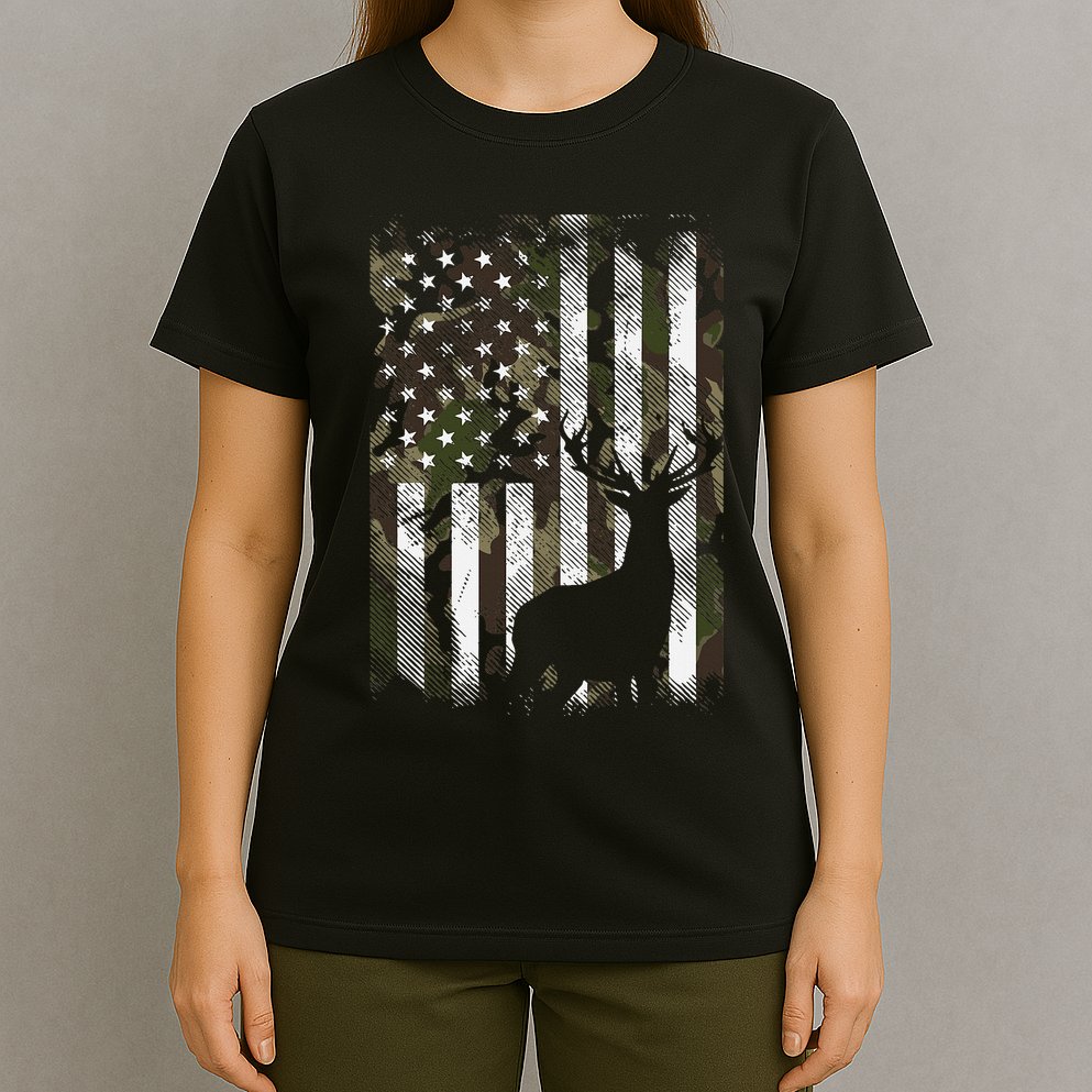 Camo Us Flag Deer Elk Buck Camoflage Hunting Hunter Dad T-Shirt