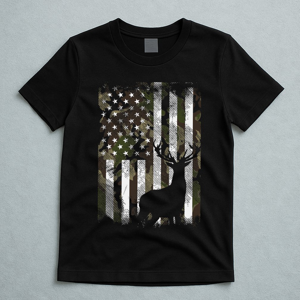 Camo Us Flag Deer Elk Buck Camoflage Hunting Hunter Dad T-Shirt