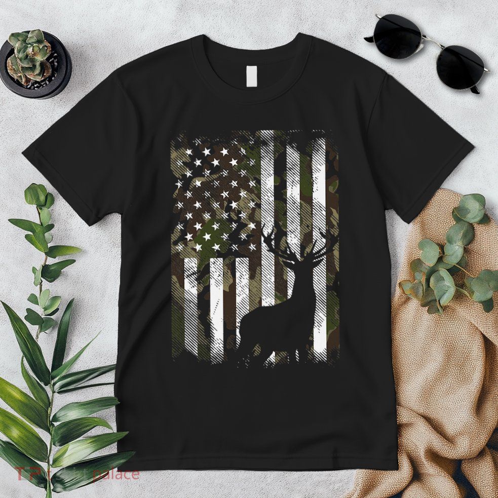 Camo Us Flag Deer Elk Buck Camoflage Hunting Hunter Dad Premium T-Shirt