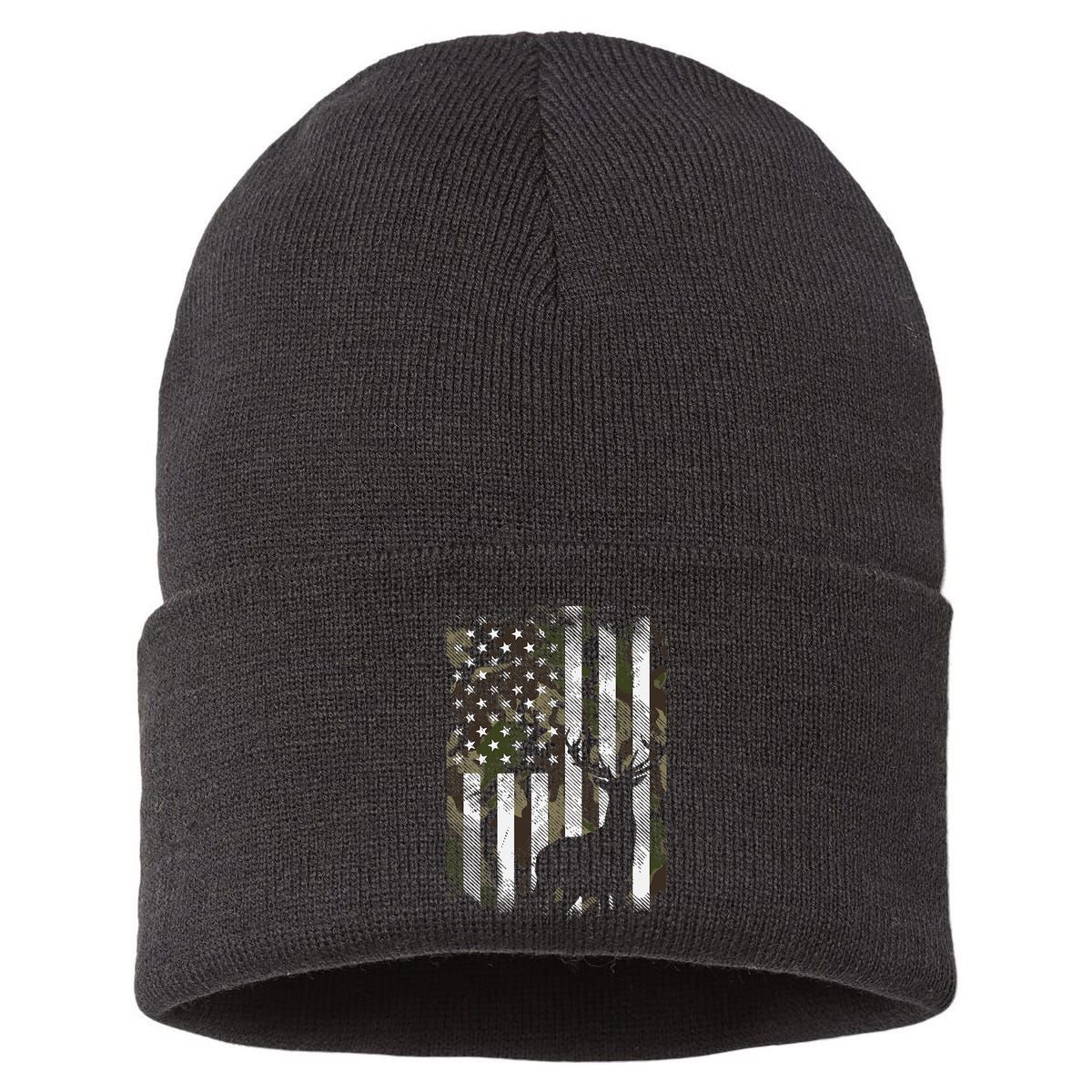 Camo Us Flag Deer Elk Buck Camoflage Hunting Hunter Dad Sustainable Knit Beanie
