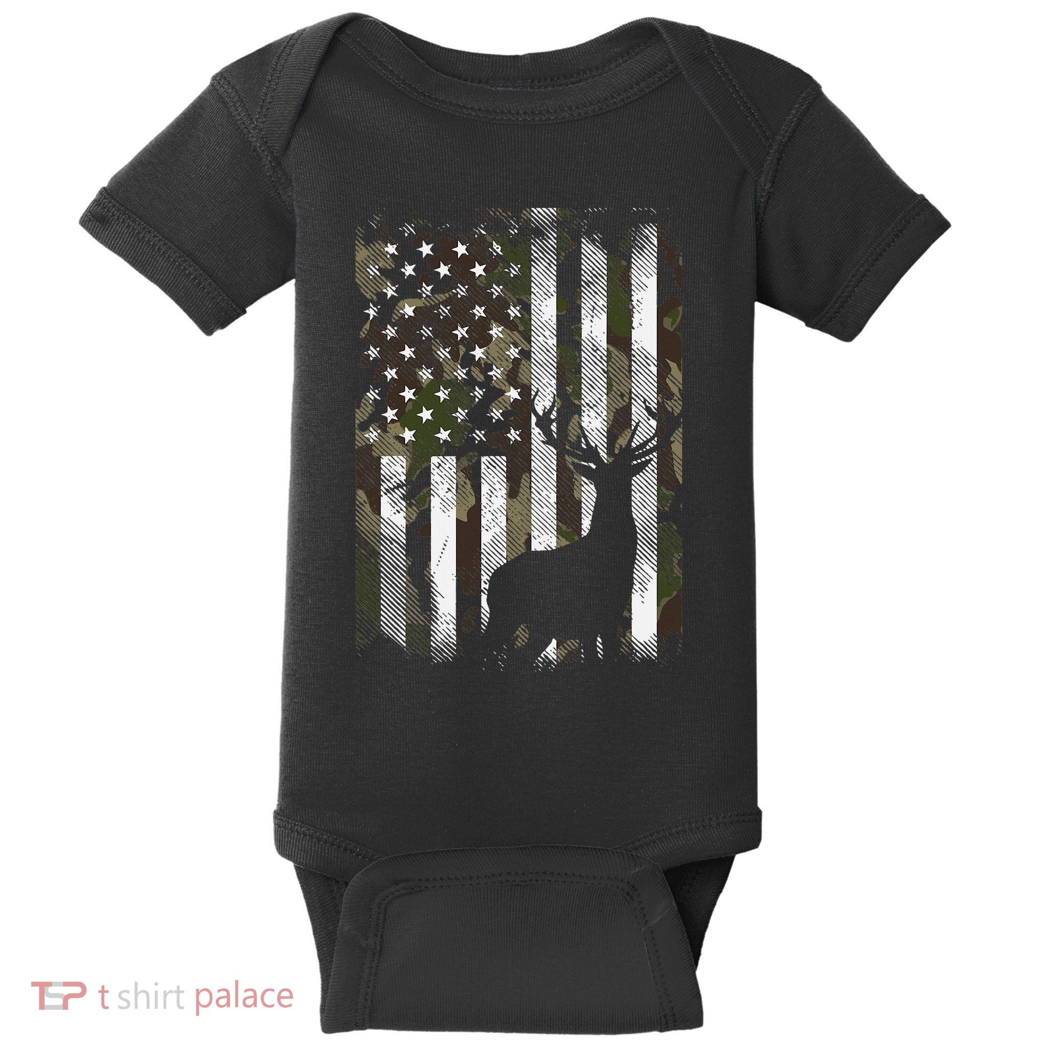 Camo Us Flag Deer Elk Buck Camoflage Hunting Hunter Dad Baby Bodysuit