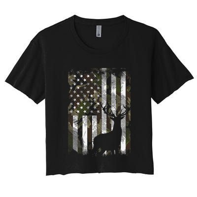 Camo Us Flag Deer Elk Buck Camoflage Hunting Hunter Dad Crop Top