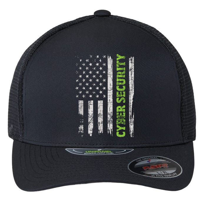 Cybersecurity USA Flag Computer Engineer Programmer Hacker Flexfit Unipanel Trucker Cap