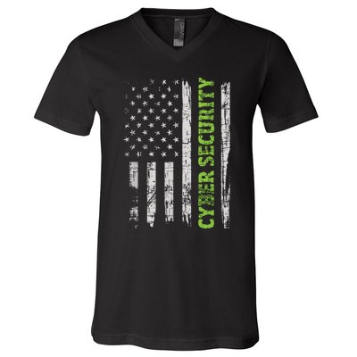 Cybersecurity USA Flag Computer Engineer Programmer Hacker V-Neck T-Shirt