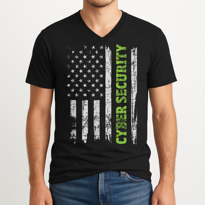 Cybersecurity USA Flag Computer Engineer Programmer Hacker V-Neck T-Shirt