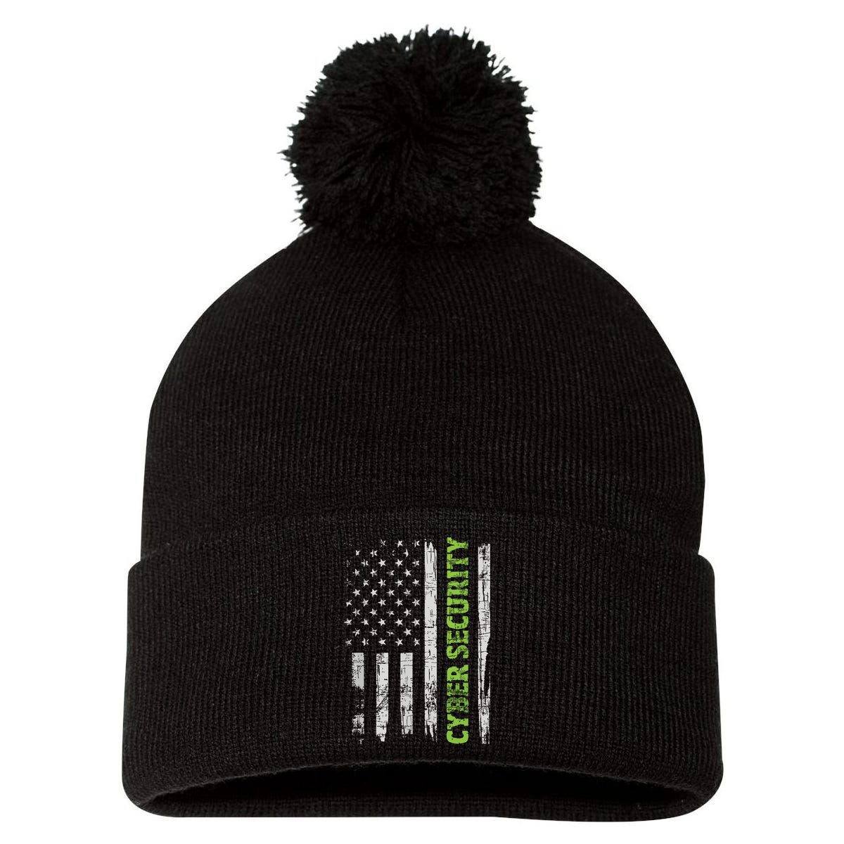 Cybersecurity USA Flag Computer Engineer Programmer Hacker Pom Pom 12in Knit Beanie