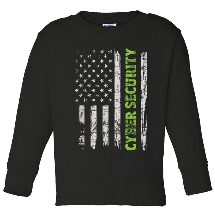 Cybersecurity USA Flag Computer Engineer Programmer Hacker Toddler Long Sleeve Shirt