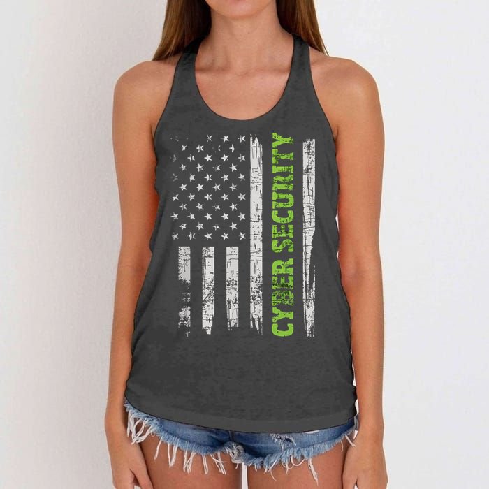 Cybersecurity USA Flag Computer Engineer Programmer Hacker Women's Knotted Racerback Tank