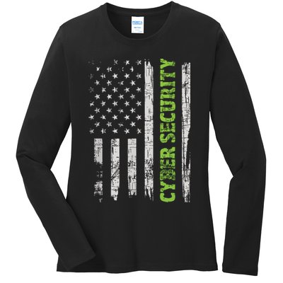 Cybersecurity USA Flag Computer Engineer Programmer Hacker Ladies Long Sleeve Shirt