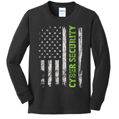 Cybersecurity USA Flag Computer Engineer Programmer Hacker Kids Long Sleeve Shirt
