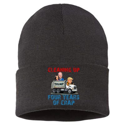 Cleaning Up Four Years Of Crap Funny Trump Garbage Truck Sustainable Knit Beanie