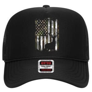 Camo US Flag Deer Elk Buck Camoflage Hunting Hunter Dad Gift High Crown Mesh Back Trucker Hat