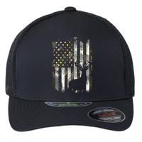 Camo US Flag Deer Elk Buck Camoflage Hunting Hunter Dad Gift Flexfit Unipanel Trucker Cap