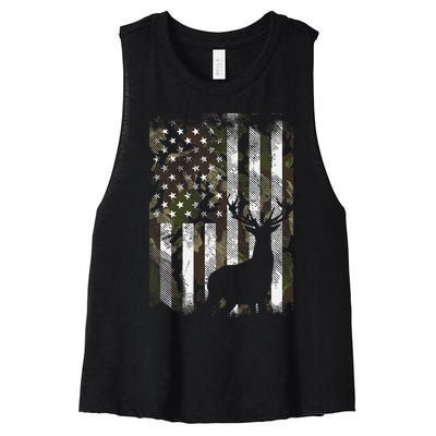 Camo US Flag Deer Elk Buck Camoflage Hunting Hunter Dad Gift Women's Racerback Cropped Tank