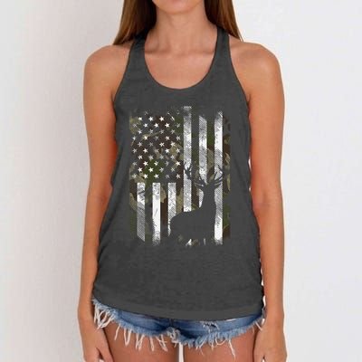 Camo US Flag Deer Elk Buck Camoflage Hunting Hunter Dad Gift Women's Knotted Racerback Tank