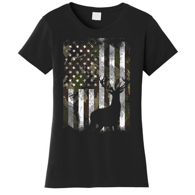 Camo US Flag Deer Elk Buck Camoflage Hunting Hunter Dad Gift Women's T-Shirt