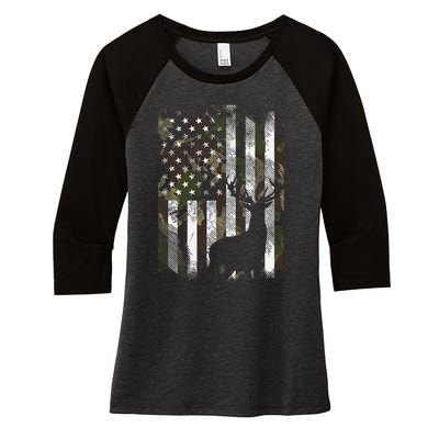 Camo US Flag Deer Elk Buck Camoflage Hunting Hunter Dad Gift Women's Tri-Blend 3/4-Sleeve Raglan Shirt