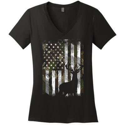 Camo US Flag Deer Elk Buck Camoflage Hunting Hunter Dad Gift Women's V-Neck T-Shirt