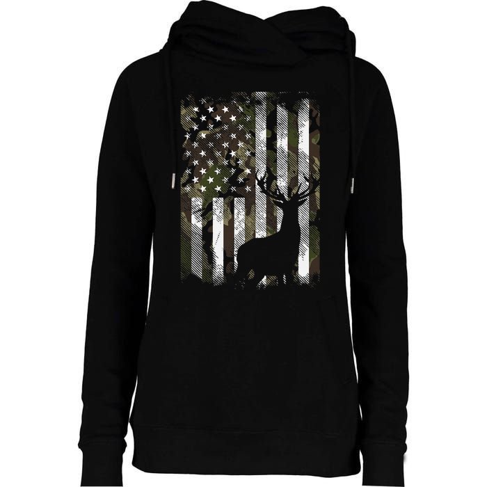 Camo US Flag Deer Elk Buck Hunting Dad Gift Womens Funnel Neck Pullover Hood