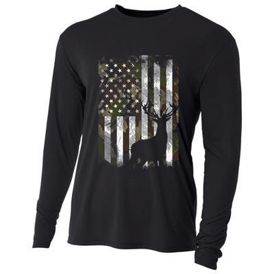 Camo US Flag Deer Elk Buck Hunting Dad Gift Cooling Performance Long Sleeve Crew