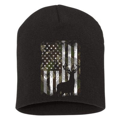 Camo US Flag Deer Elk Buck Hunting Dad Gift Short Acrylic Beanie