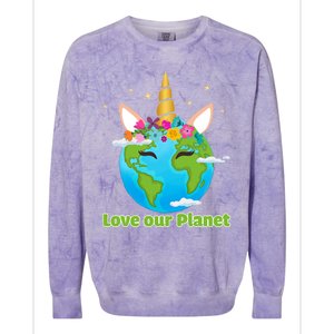 Cute Unicorn Face Love Our Planet Earth Day Gift Colorblast Crewneck Sweatshirt