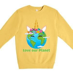 Cute Unicorn Face Love Our Planet Earth Day Gift Premium Crewneck Sweatshirt