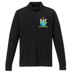 Cute Unicorn Face Love Our Planet Earth Day Gift Performance Long Sleeve Polo