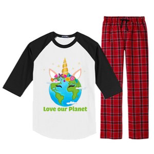 Cute Unicorn Face Love Our Planet Earth Day Gift Raglan Sleeve Pajama Set