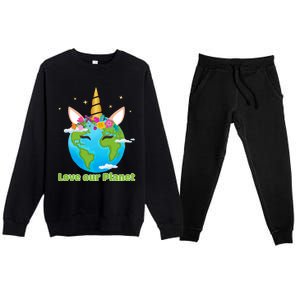 Cute Unicorn Face Love Our Planet Earth Day Gift Premium Crewneck Sweatsuit Set