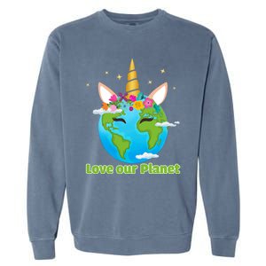 Cute Unicorn Face Love Our Planet Earth Day Gift Garment-Dyed Sweatshirt