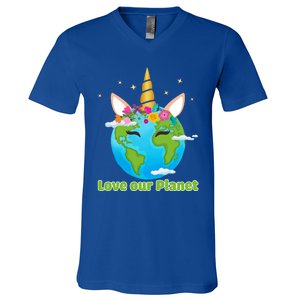 Cute Unicorn Face Love Our Planet Earth Day Gift V-Neck T-Shirt