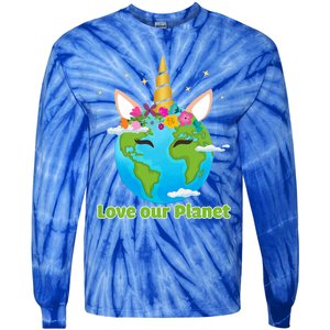 Cute Unicorn Face Love Our Planet Earth Day Gift Tie-Dye Long Sleeve Shirt