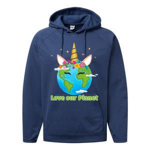 Cute Unicorn Face Love Our Planet Earth Day Gift Performance Fleece Hoodie