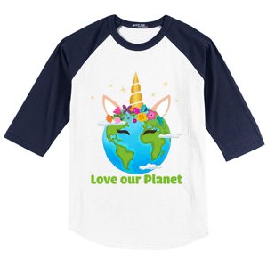 Cute Unicorn Face Love Our Planet Earth Day Gift Baseball Sleeve Shirt