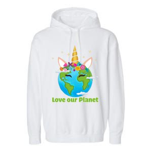 Cute Unicorn Face Love Our Planet Earth Day Gift Garment-Dyed Fleece Hoodie