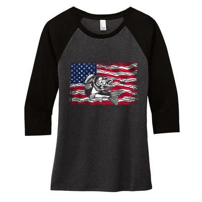Cool Usa Flag With Fish Women's Tri-Blend 3/4-Sleeve Raglan Shirt