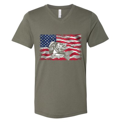 Cool Usa Flag With Fish V-Neck T-Shirt