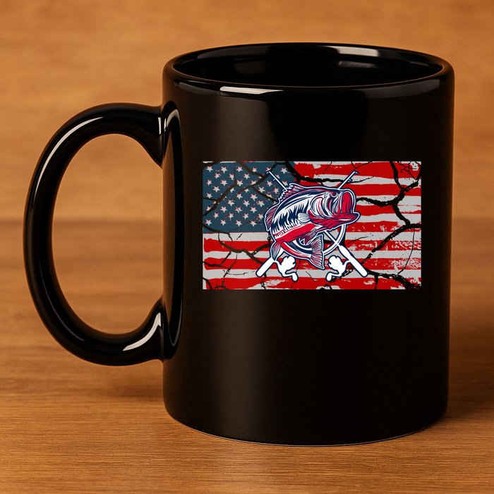 Cool Usa Fishing With Flag 11oz C Handle Ceramic Mug