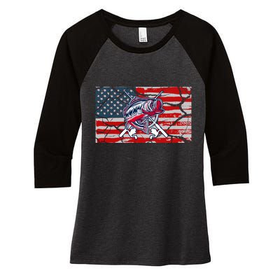 Cool Usa Fishing With Flag Women's Tri-Blend 3/4-Sleeve Raglan Shirt