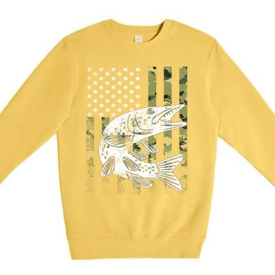 Camouflage Usa Flag Patriotic Fisher Gift Musky Fishing Gift Premium Crewneck Sweatshirt