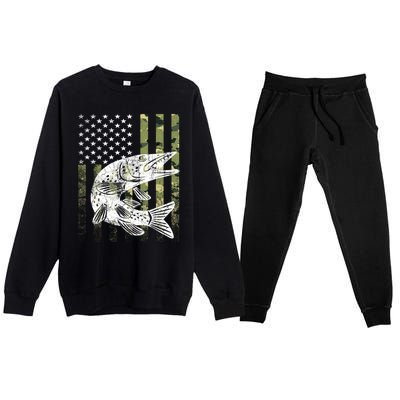 Camouflage Usa Flag Patriotic Fisher Gift Musky Fishing Gift Premium Crewneck Sweatsuit Set