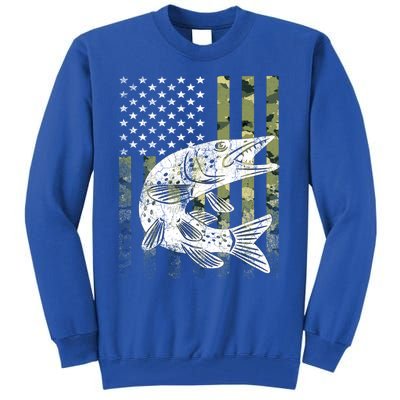 Camouflage Usa Flag Patriotic Fisher Gift Musky Fishing Gift Tall Sweatshirt