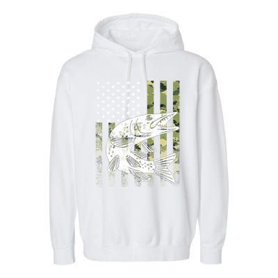 Camouflage Usa Flag Patriotic Fisher Gift Musky Fishing Gift Garment-Dyed Fleece Hoodie