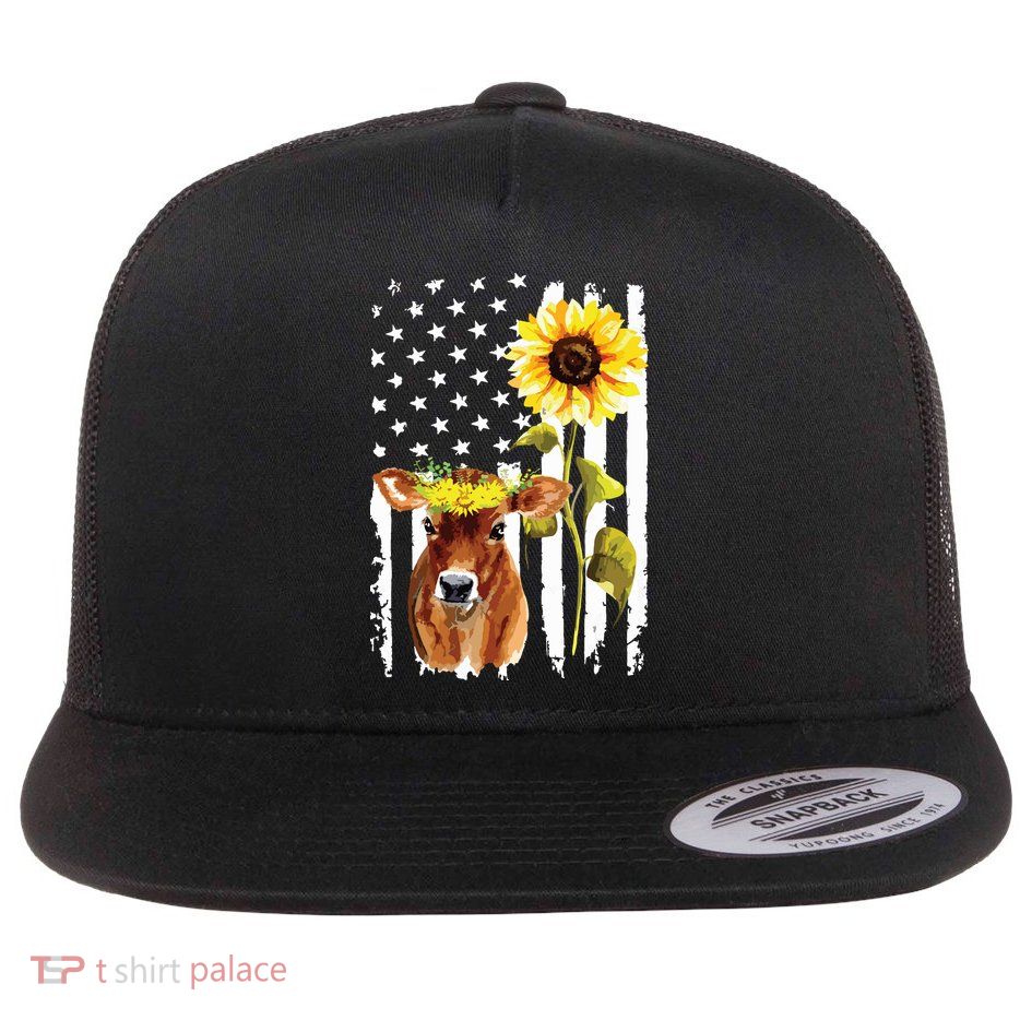 Cow USA Flag Sunflower Cow Lover Flat Bill Trucker Hat