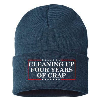 Cleaning Up Four Years Of Crap Funny Trump Garbage Truck Sustainable Knit Beanie