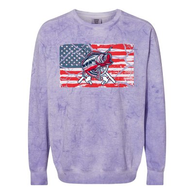 Cool Usa Flag With Fish Retro Design Colorblast Crewneck Sweatshirt